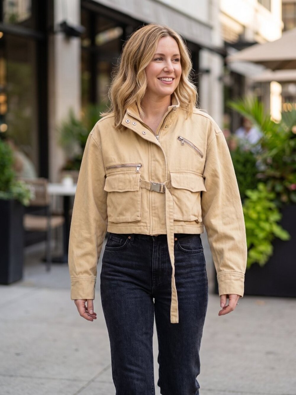 EGGIE Tan Cropped Utility Moto Jacket with Buckle Belt, Women’s Size M